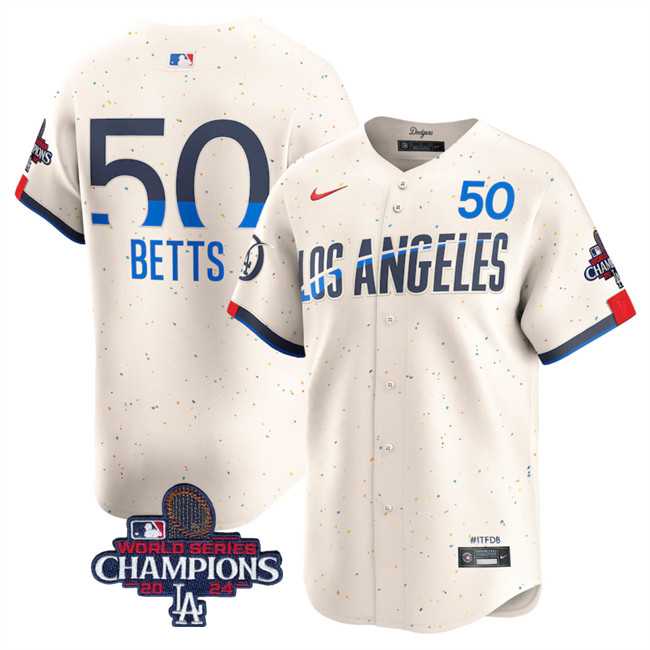 Men's Los Angeles Dodgers #50 Mookie Betts Cream 2024 World Series Champions City Connect Limited Stitched Baseball Jersey,We sell and wholesale Men's Los Angeles Dodgers #50 Mookie Betts Cream 2024 World Series Champions City Connect Limited Stitched Baseball Jersey on line form chian!